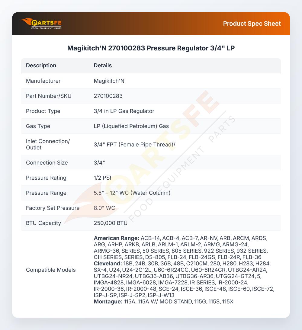 Magikitch'N 270100283 Pressure Regulator 3/4" LP