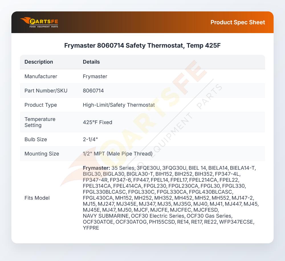 Frymaster 8060714 Fryer Safety Thermostat Temperature 425&deg;F