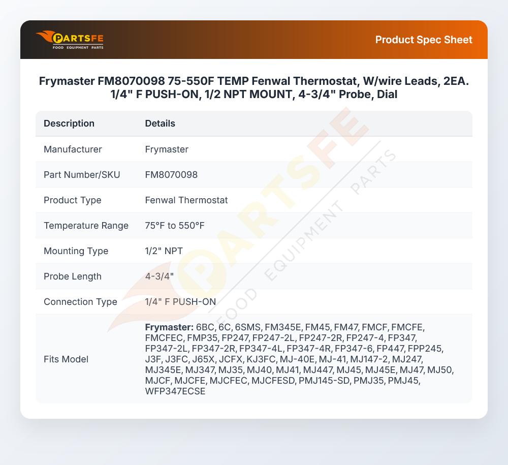 Frymaster FM8070098 Fryer Temperature Fenwal Thermostat W/Wire Leads 75&deg;-550&deg;F 1/4" Push-ON 1/2" NPT Mount 4-3/4" Probe