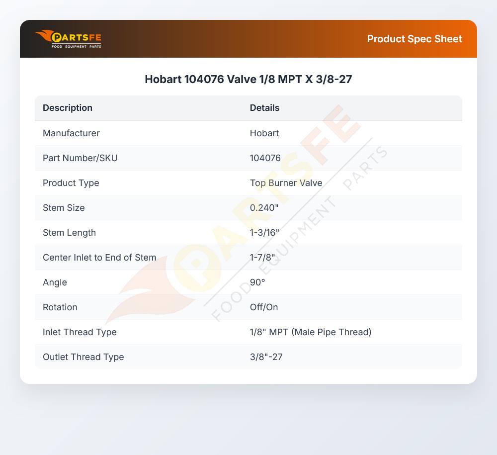Hobart 104076 Valve 1/8 MPT X 3/8-27