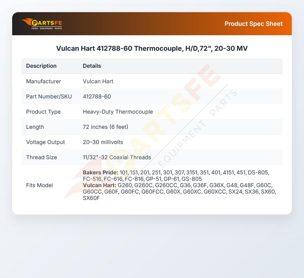 Vulcan Hart 412788-60 Coaxial Thermocouple 72" 20-30mV
