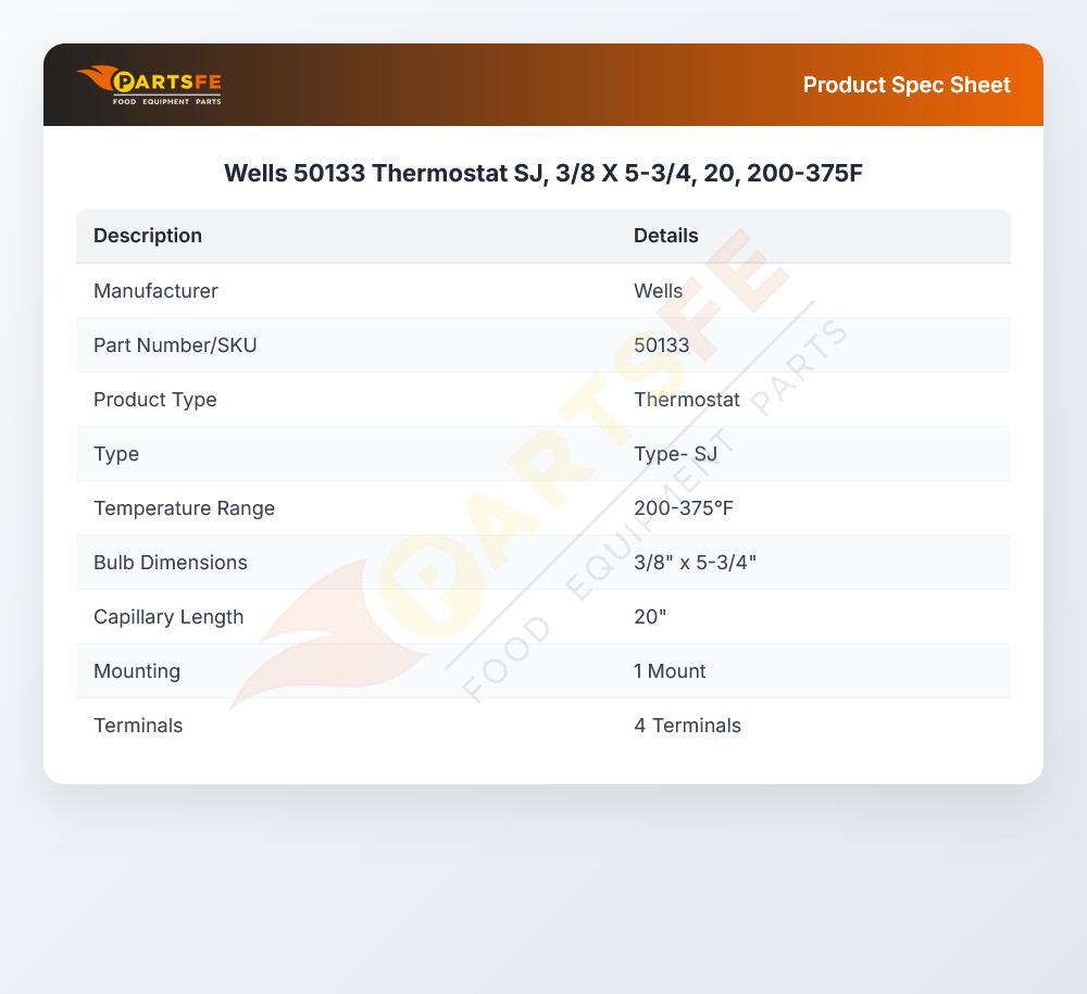 Wells 50133 Thermostat 3/8" X 5-3/4" 20" 200&deg;F-375&deg;F SJ