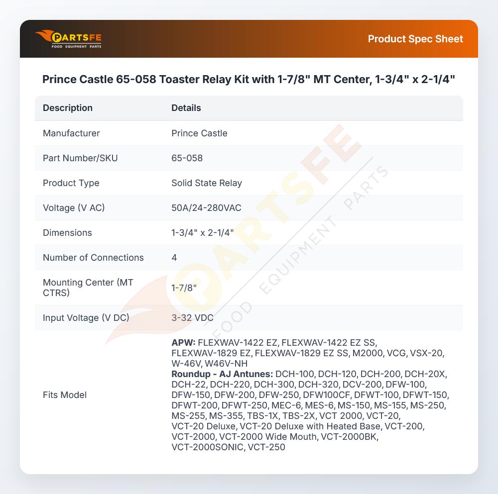 Prince Castle 65-058 Toaster Relay Kit with 1-7/8" MT Center, 1-3/4" x 2-1/4"