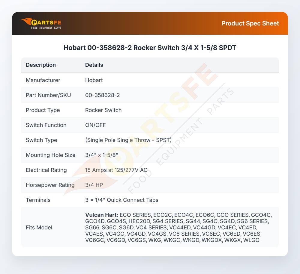 Hobart 00-358628-2 Rocker Switch 3/4 X 1-5/8 SPDT