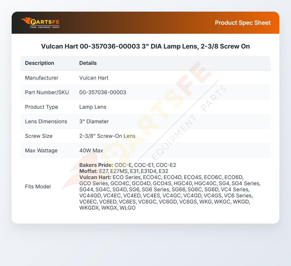 Vulcan Hart 00-357036-00003 Oven Lamp Lens