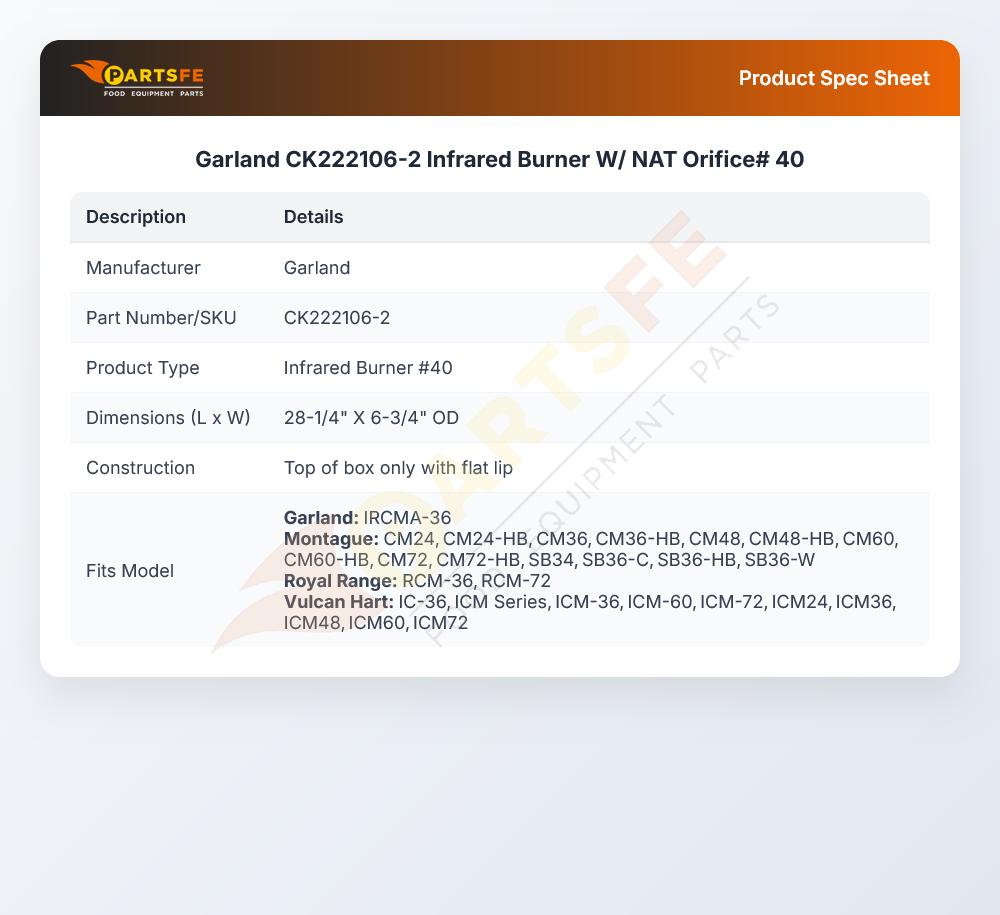 Garland CK222106-2 Infrared Burner 27-1/4" X 6-3/4"