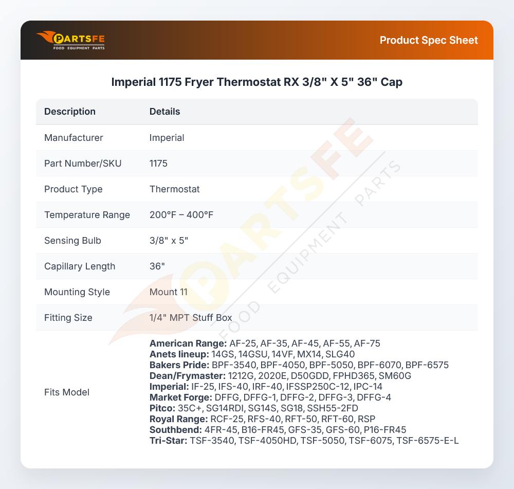 Imperial 1175 Fryer Thermostat RX 3/8" X 5" 36" Cap