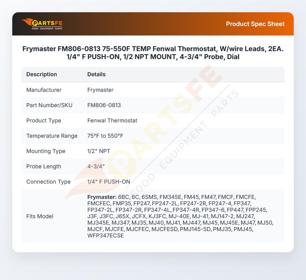 Frymaster FM806-0813 Fryer Temperature Fenwal Thermostat W/Wire Leads 75&deg;-550&deg;F 1/4" Push-ON 1/2" NPT Mount 4-3/4" Probe