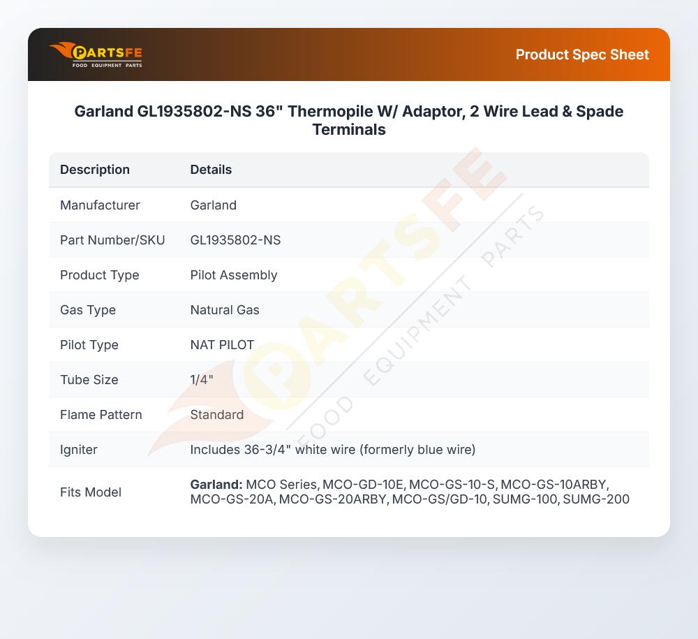 Garland GL1935802-NS Thermopile W/Adaptor 2 Wire Lead & Spade Terminals 36"