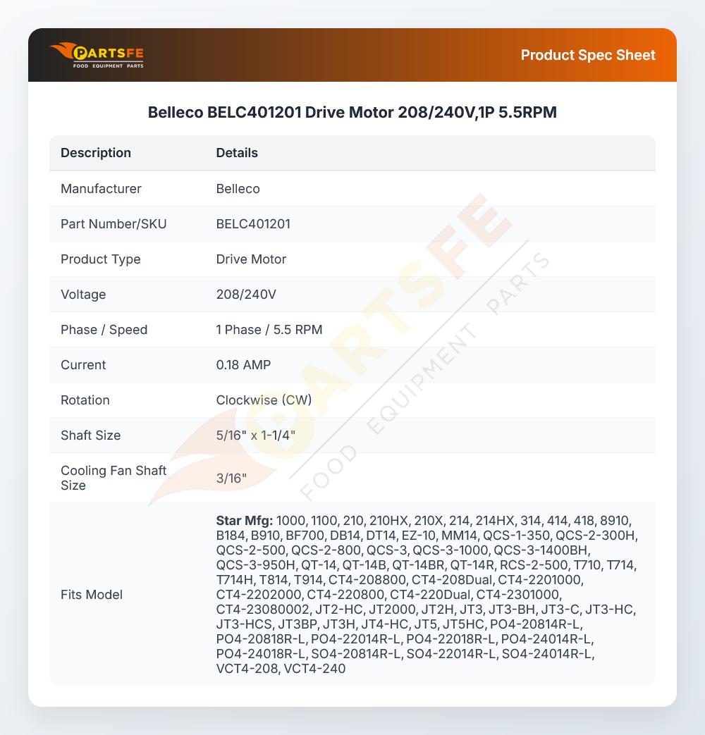 Belleco BELC401201 Drive Motor 1P 5.5RPM 208/240V