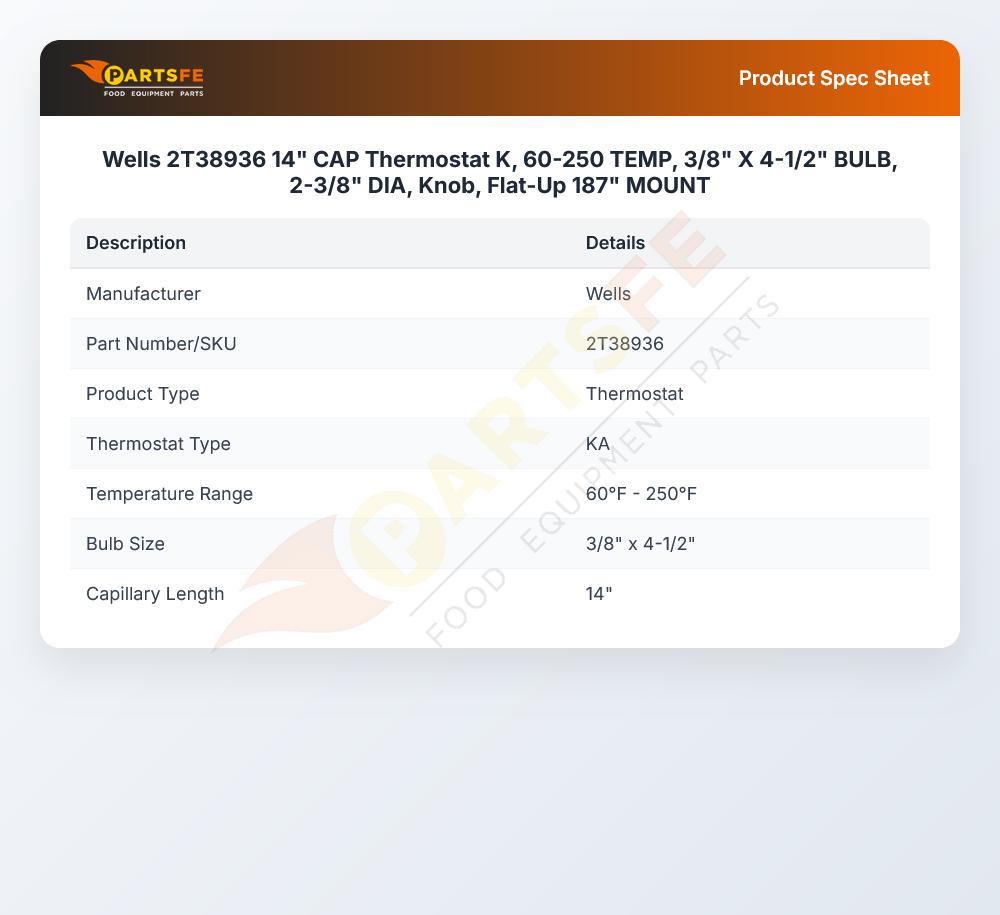 Wells 2T38936 Thermostat 60&deg;F-250&deg;F 3/8" X 4-1/2" 14" CAP  K-Type