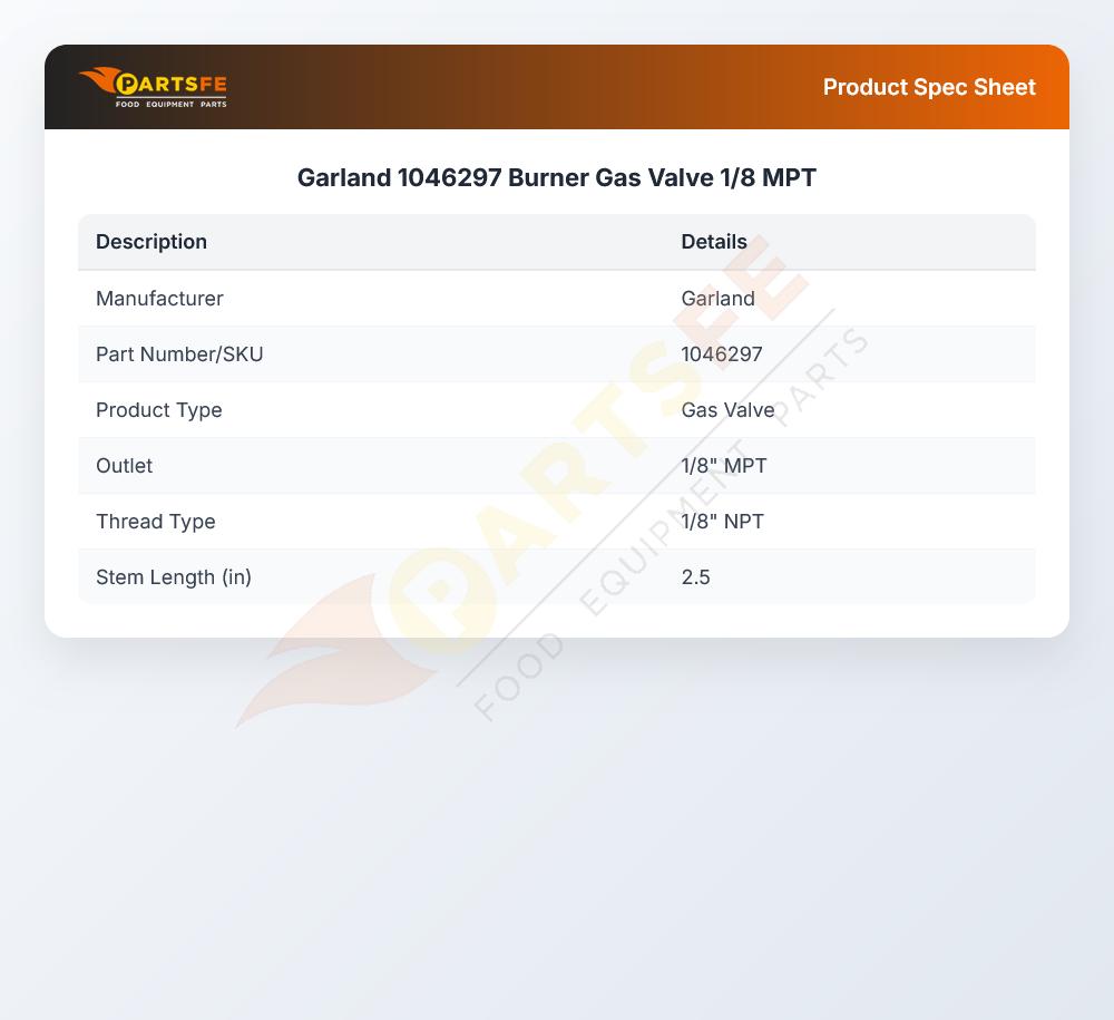 Garland 1046297 Burner Gas Valve 1/8 MPT