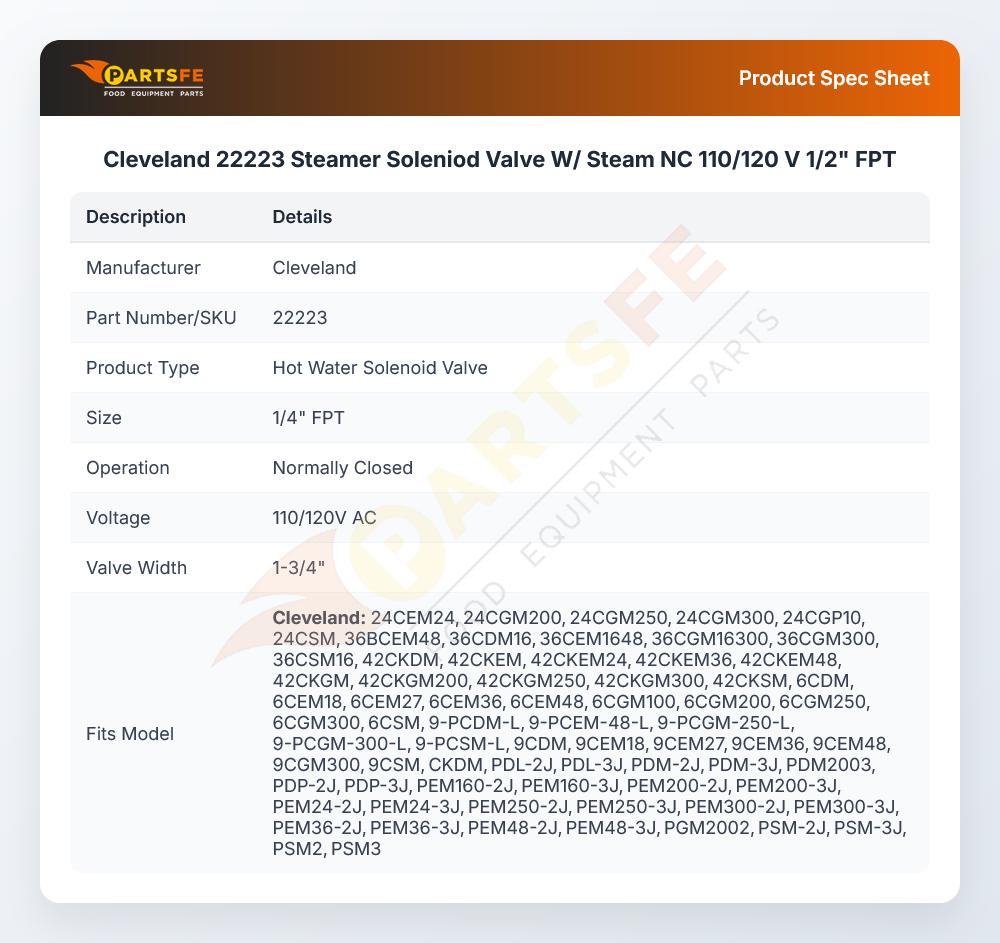 Cleveland 22223 Steamer Soleniod Valve W/ Steam NC 110/120 V 1/2" FPT