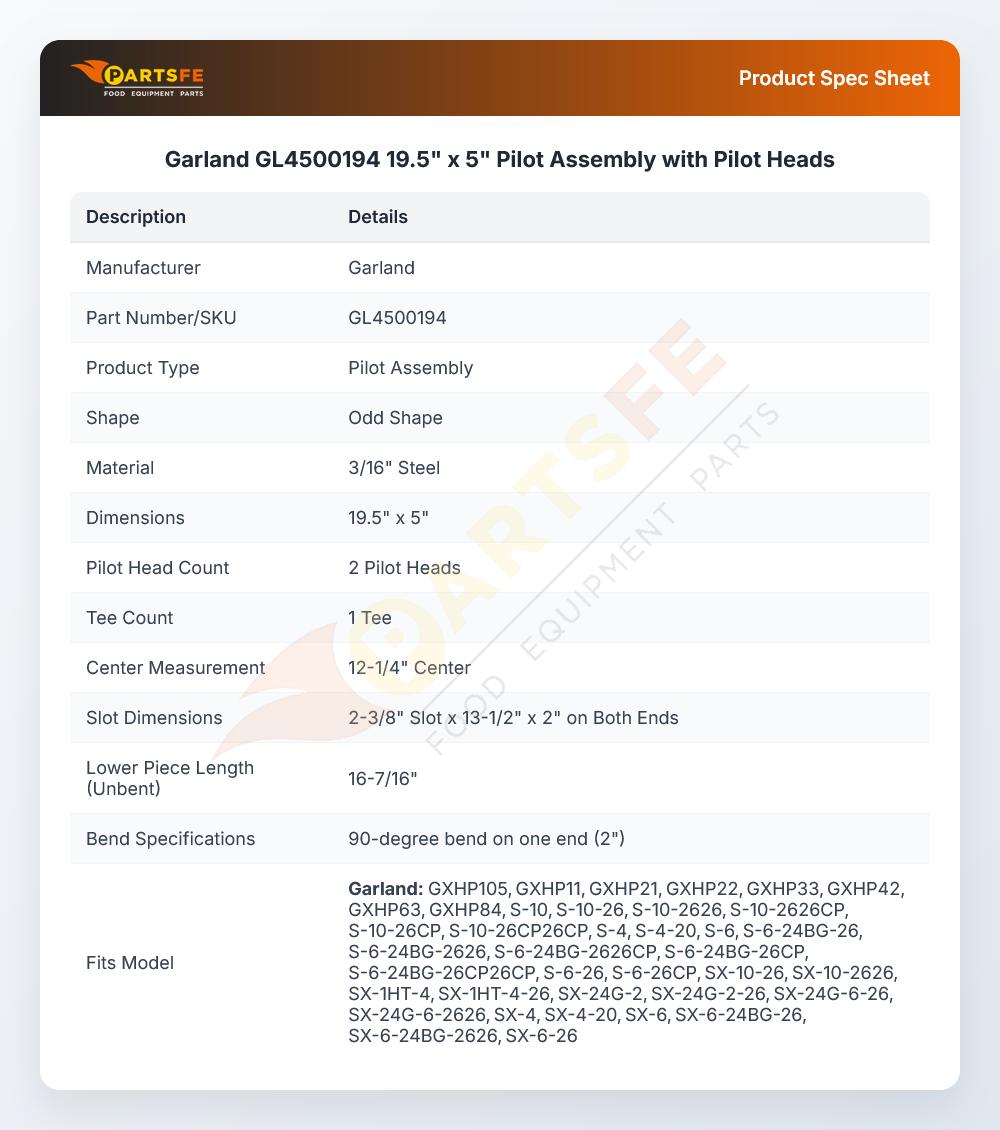 Garland GL4500194 19.5" x 5" Pilot Assembly with Pilot Heads