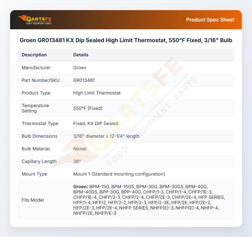 Groen GR013481 KX Hi Limit Thermostat Bulb 3/16" X 12-1/4" 36" 550&deg;F