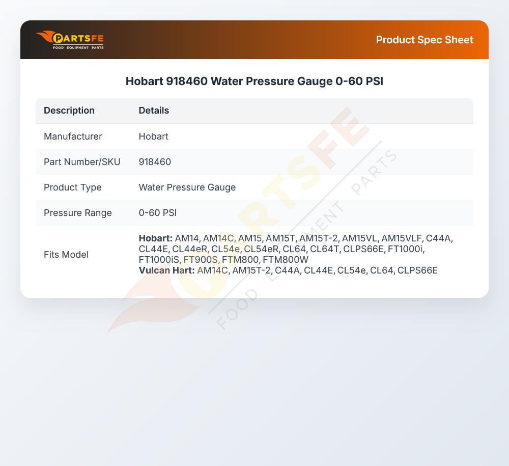 Hobart 918460 Dishwasher Water Pressure Gauge 0-60 PSI