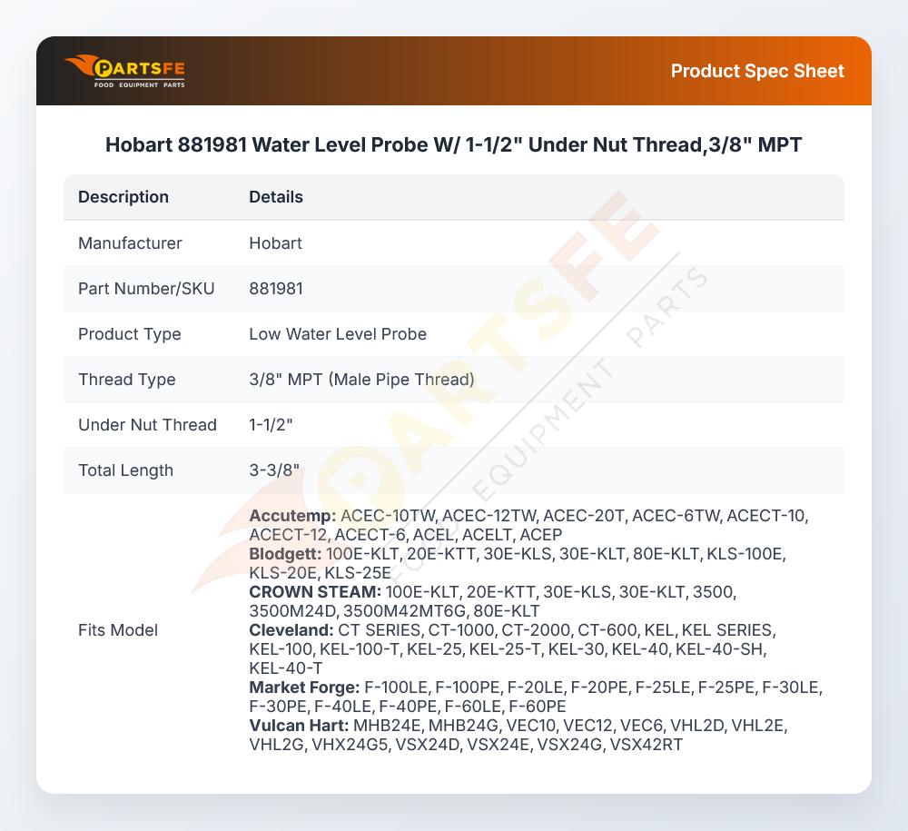 Hobart 881981 Jacketed Kettle Water Level Probe W/1-1/2" Under Nut Thread 3/8" MPT
