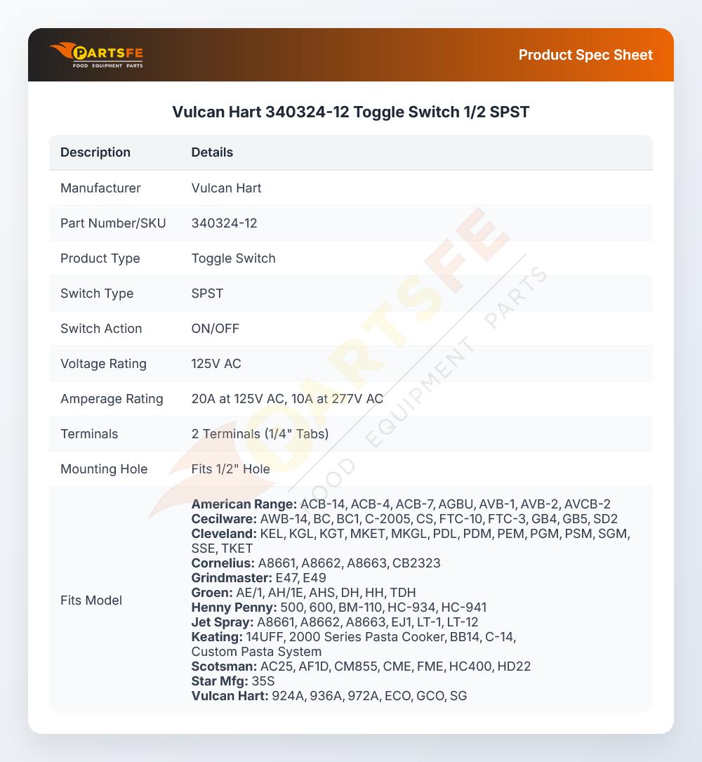 Vulcan Hart 340324-12 Toggle Switch 1/2 SPST