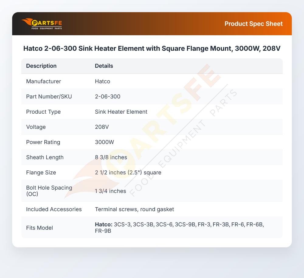 Hatco 2-06-300 Sink Heater Element with Square Flange Mount, 3000W, 208V