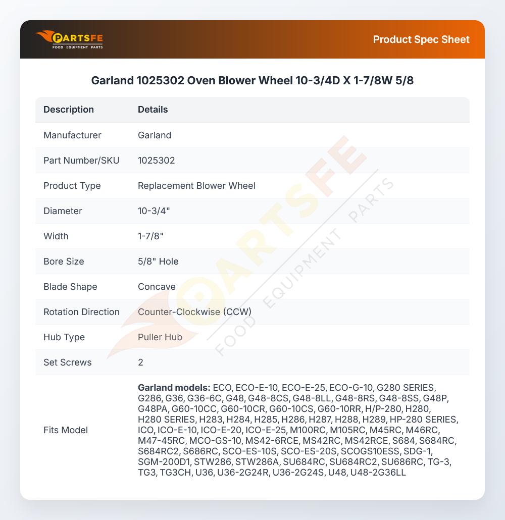 Garland 1025302 Oven Blower Wheel 10-3/4D X 1-7/8W 5/8