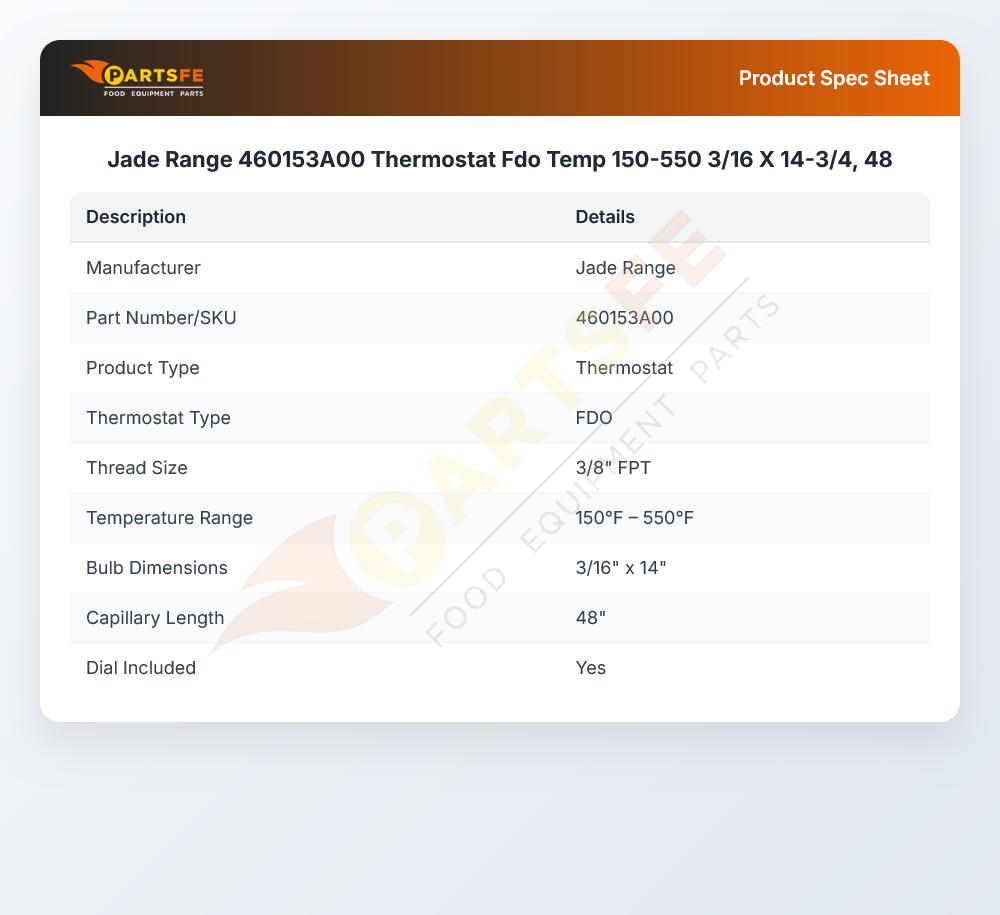 Jade Range 460153A00 Thermostat FDO W/48" CAP 3/16" X 14-3/4" 150&deg;F-550&deg;F