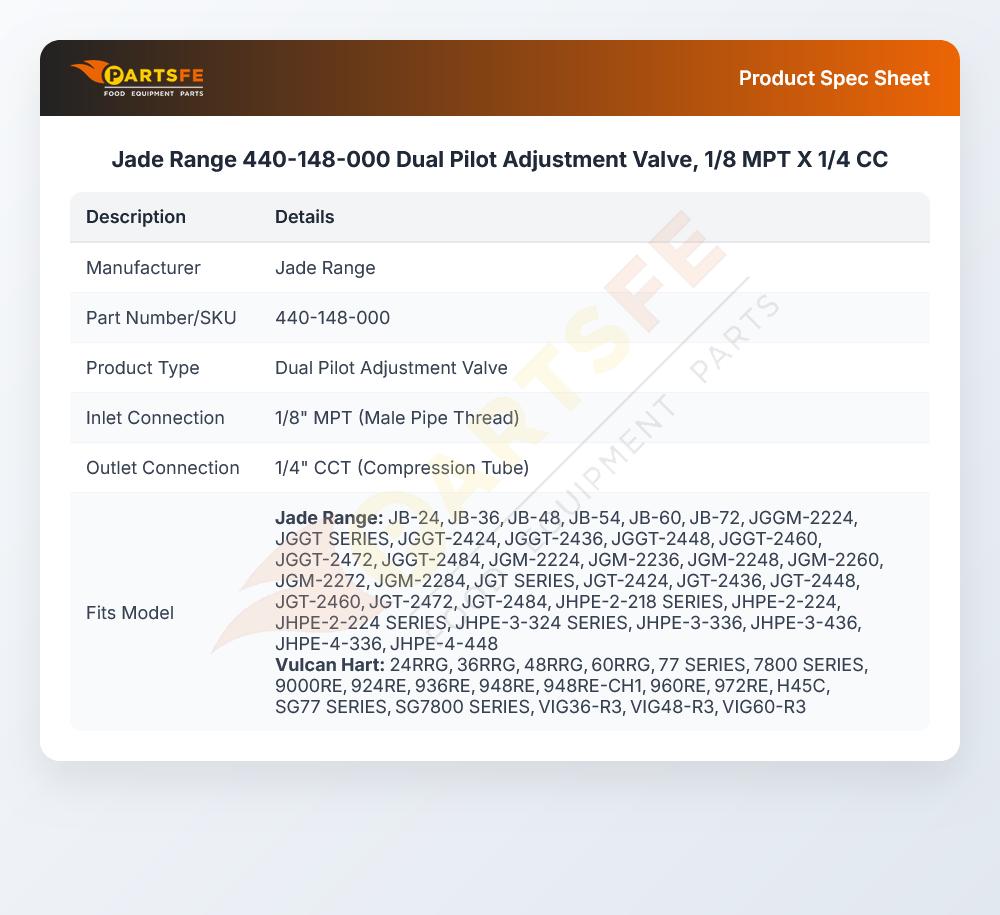 Jade Range 440-148-000 Dual Pilot Adjustment Valve, 1/8 MPT X 1/4 CC