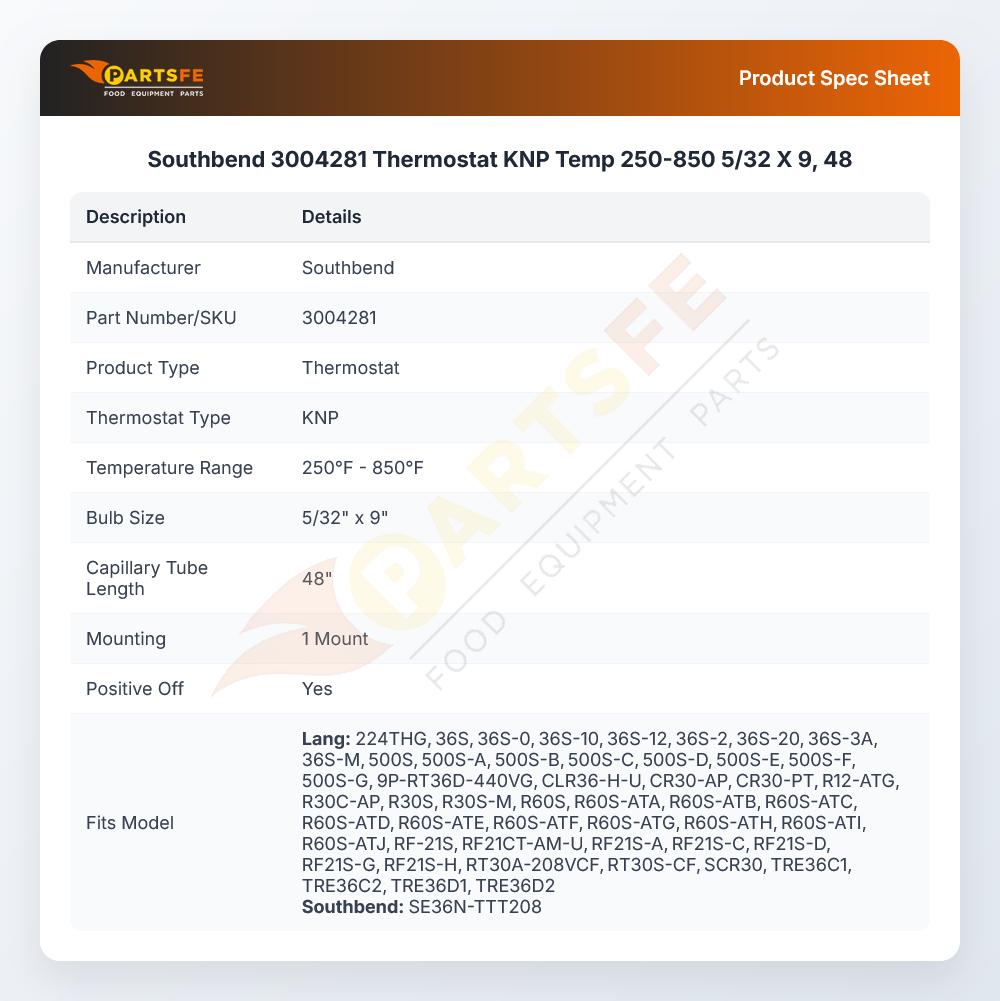 Southbend 3004281 Convection Oven Thermostat 5/32&prime;&prime; X 48&prime;&prime; X 9&prime;&prime; CAP 250-850&deg;F KNP