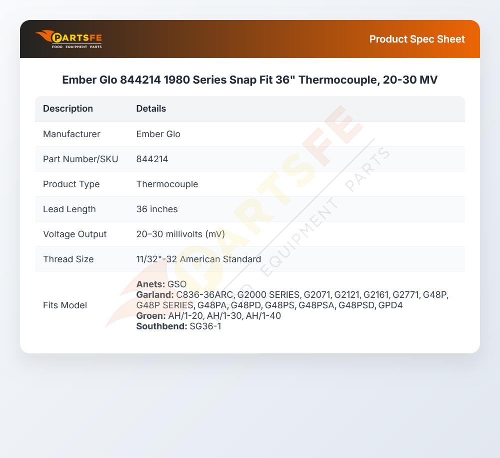 Ember Glo 844214 1980 Series Snap Fit 36" Thermocouple, 20-30 MV