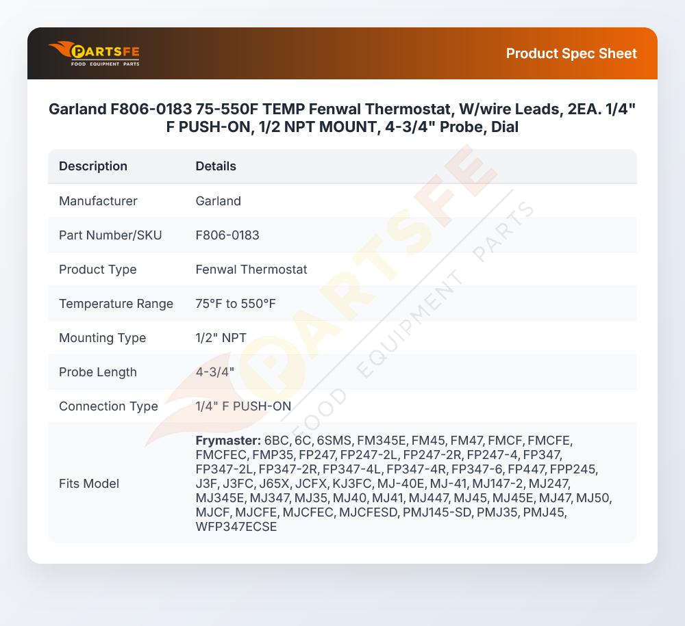 Garland F806-0183 Temperature Fenwal Thermostat W/Wire Leads 75&deg;-550&deg;F 1/4" Push-ON 1/2" NPT Mount 4-3/4" Probe