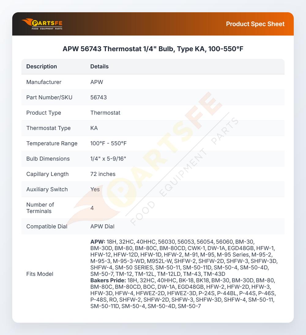 APW 56743 Thermostat 1/4" 100&deg;F-550&deg;F 72" CAP KA