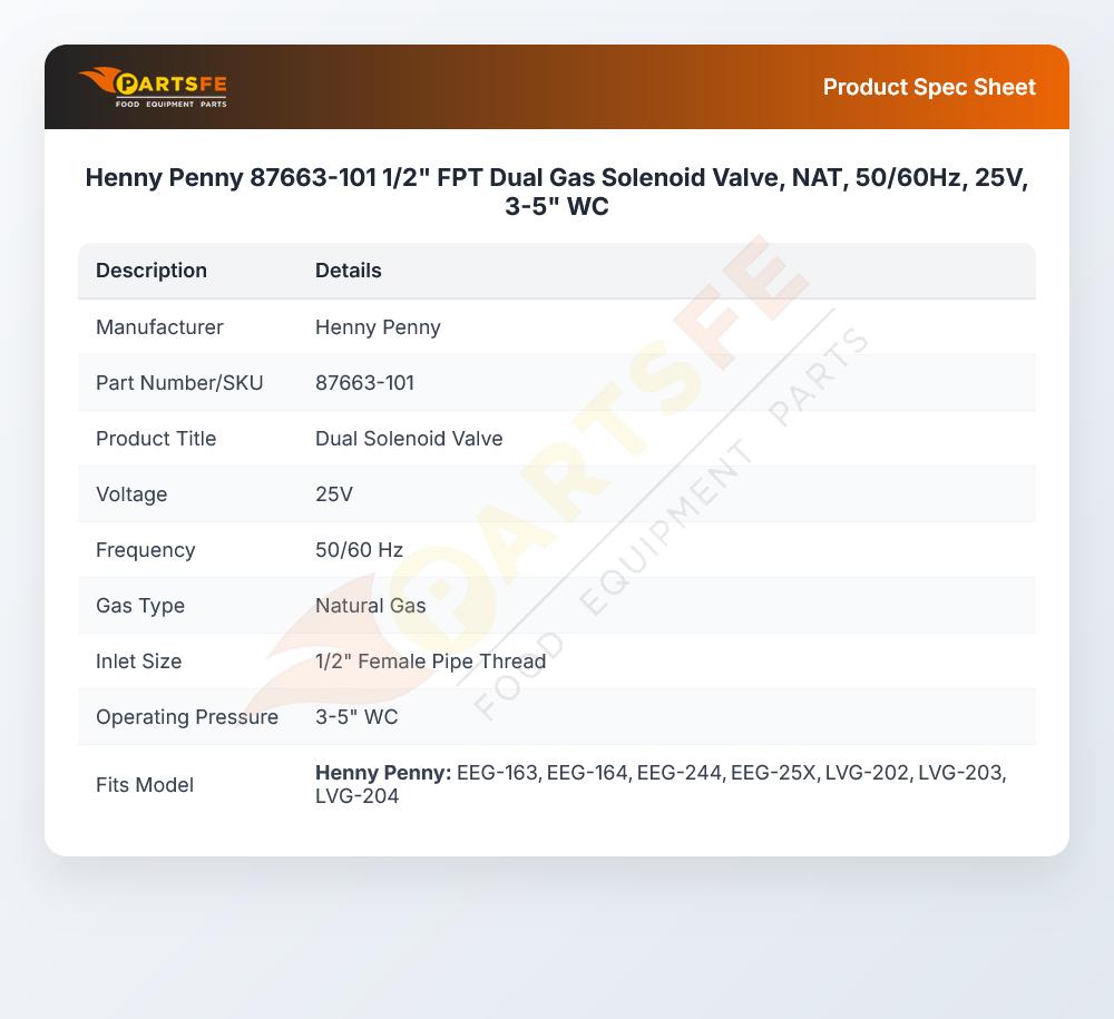 Henny Penny 87663-101 Fryer Solenoid Valve Dual Gas NAT 25V 50/60Hz 1/2" 3-5" WC