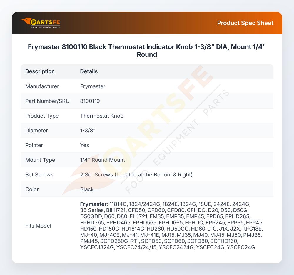Frymaster 8100110 Thermostat Indicator Knob 1-3/8" DIA Mount 1/4" Round Black
