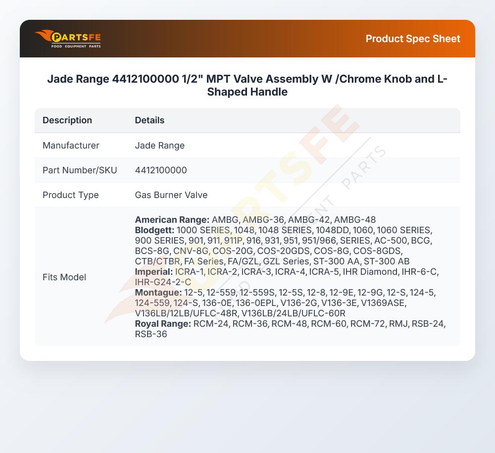 Jade Range 4412100000 1/2" MPT Valve Assembly W /Chrome Knob and L-Shaped Handle