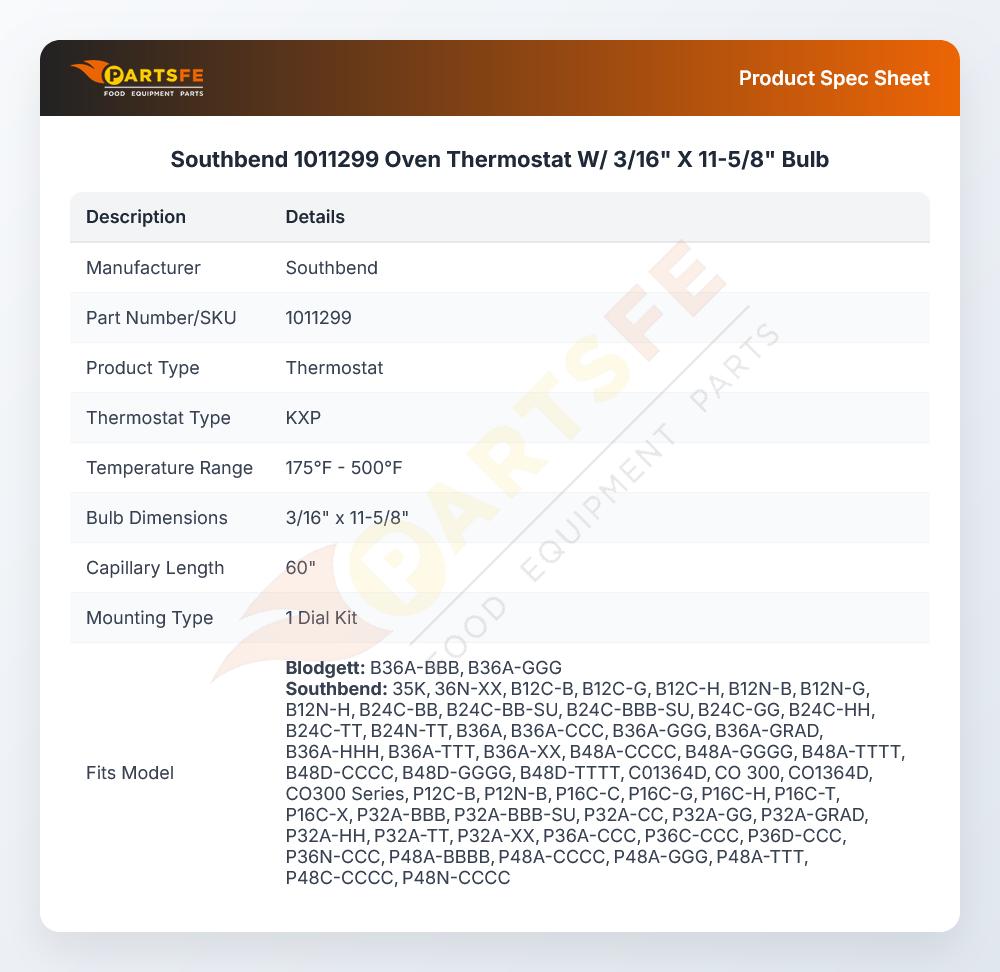 Southbend 1011299 Oven Thermostat W/ 3/16" X 11-5/8" Bulb