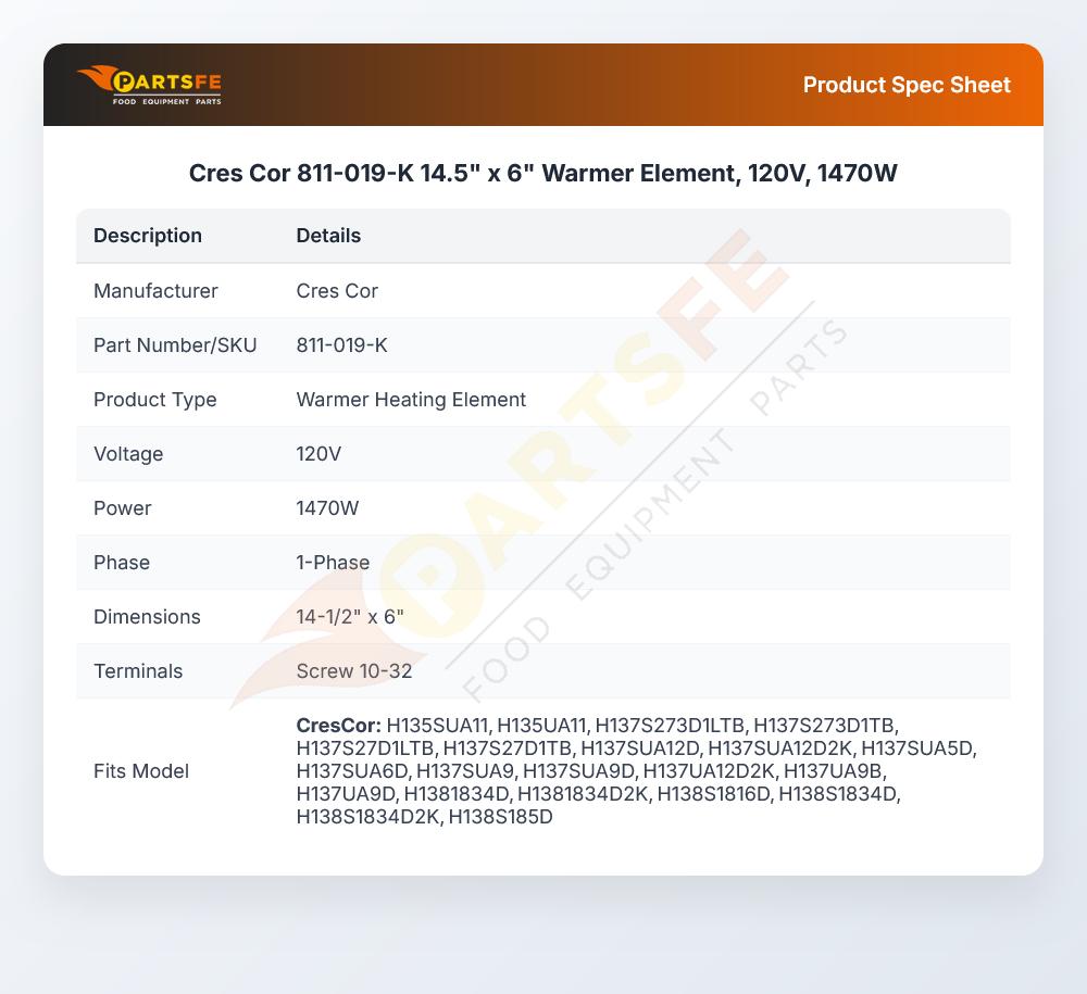 Cres Cor 811-019-K Hot Cabinet Warmer Element 14.5" x 6" 1470W 120V