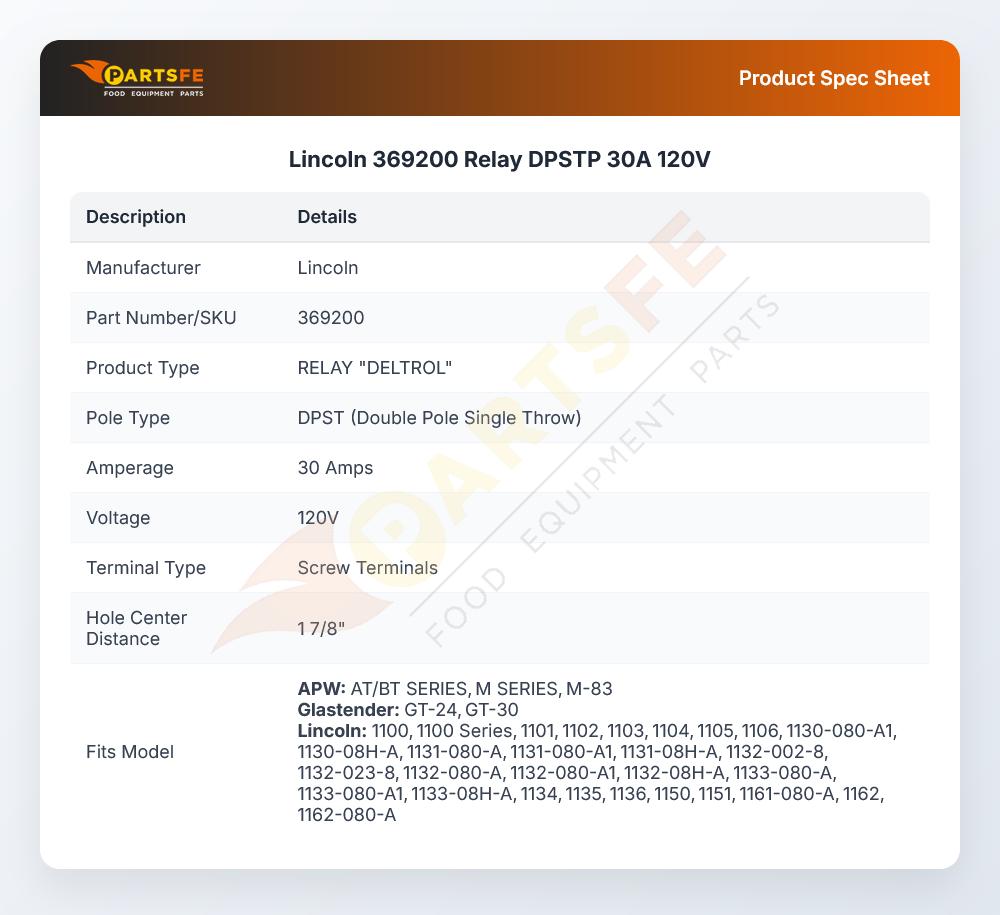 Lincoln 369200 Conveyor Oven Relay DPSTP 30A 120V