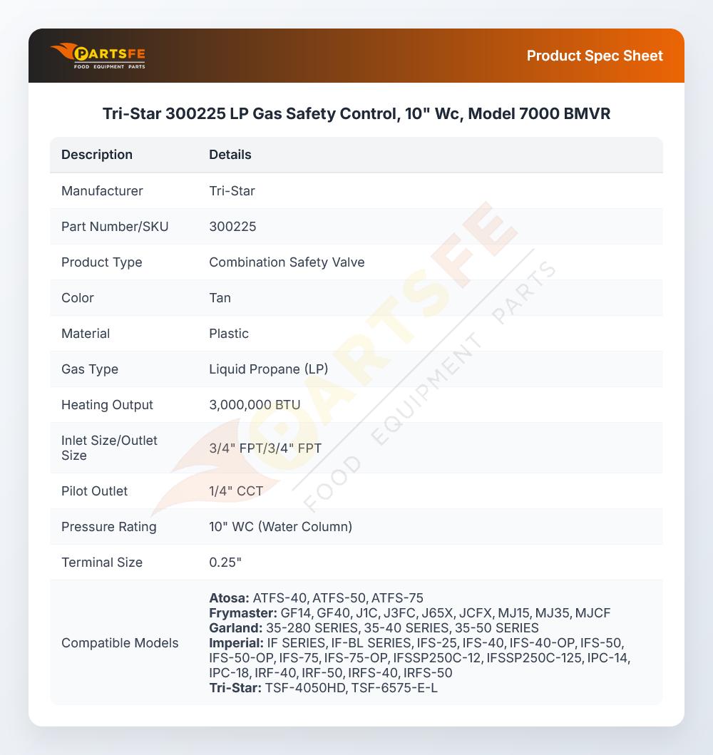 Tri-Star 300225 LP Gas Safety Control 10" WC Model 7000 BMVR