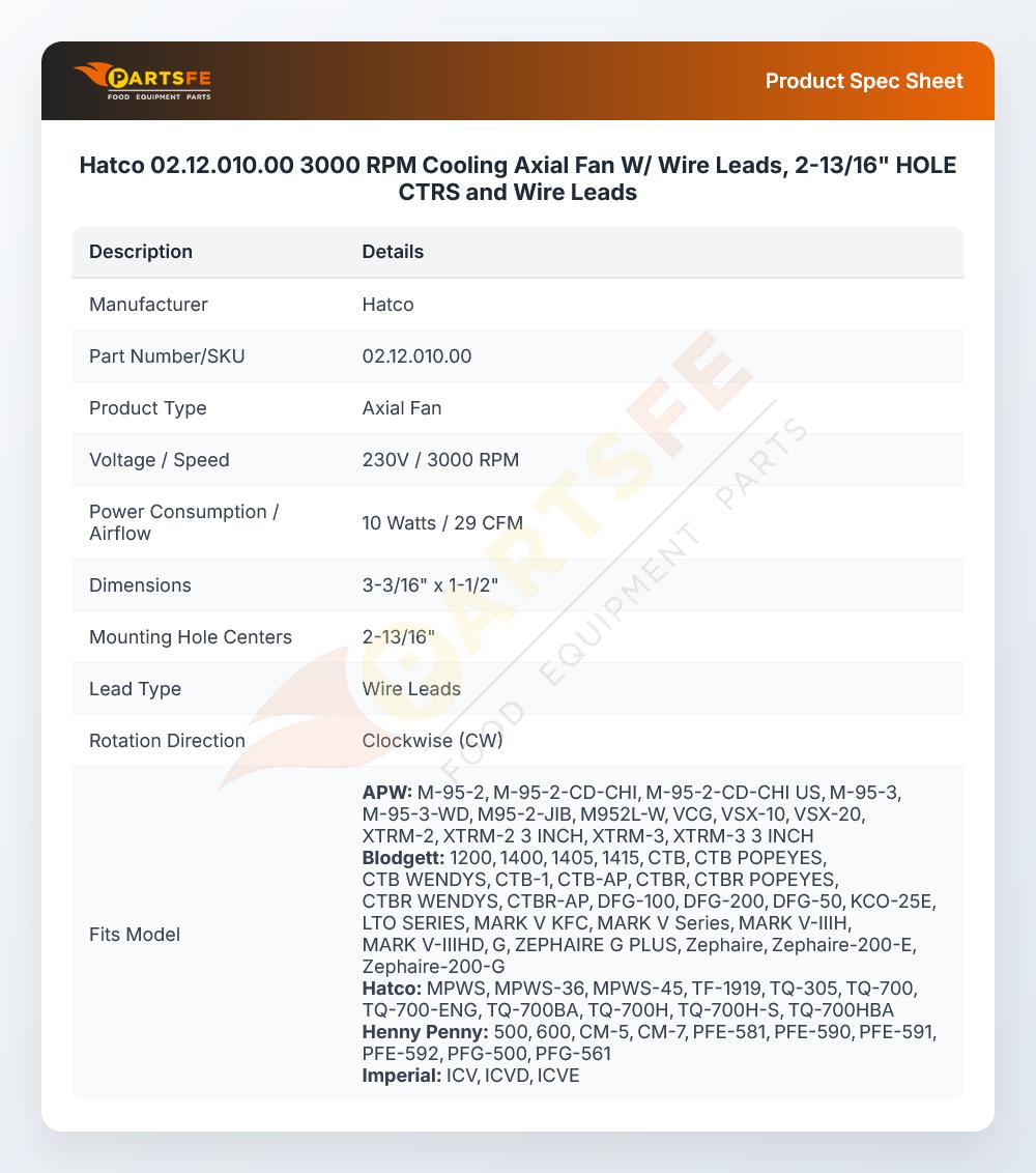 Hatco 02.12.010.00 Axial Cooling Fan 230V 50/60Hz