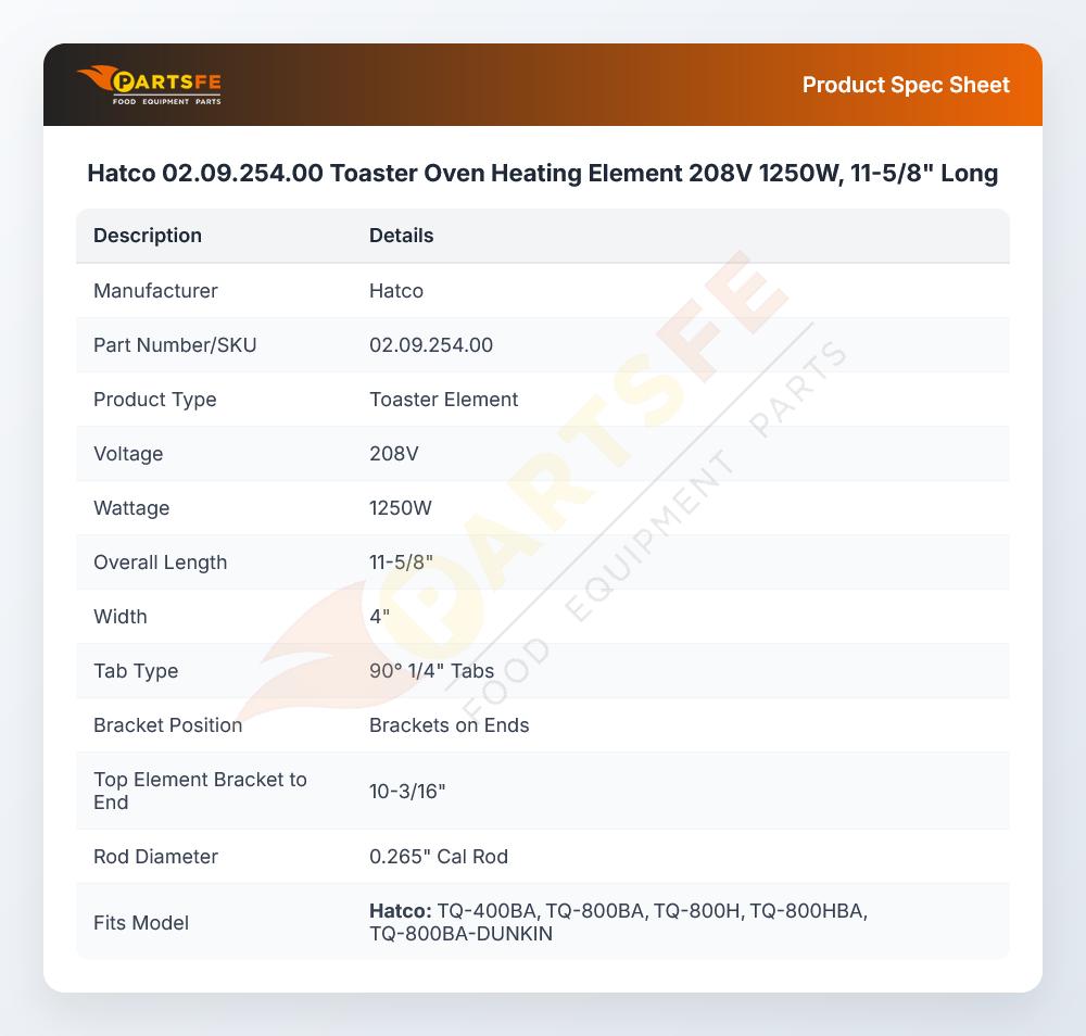 Hatco 02.09.254.00 Toaster Oven Heating Element 208V 1250W, 11-5/8" Long