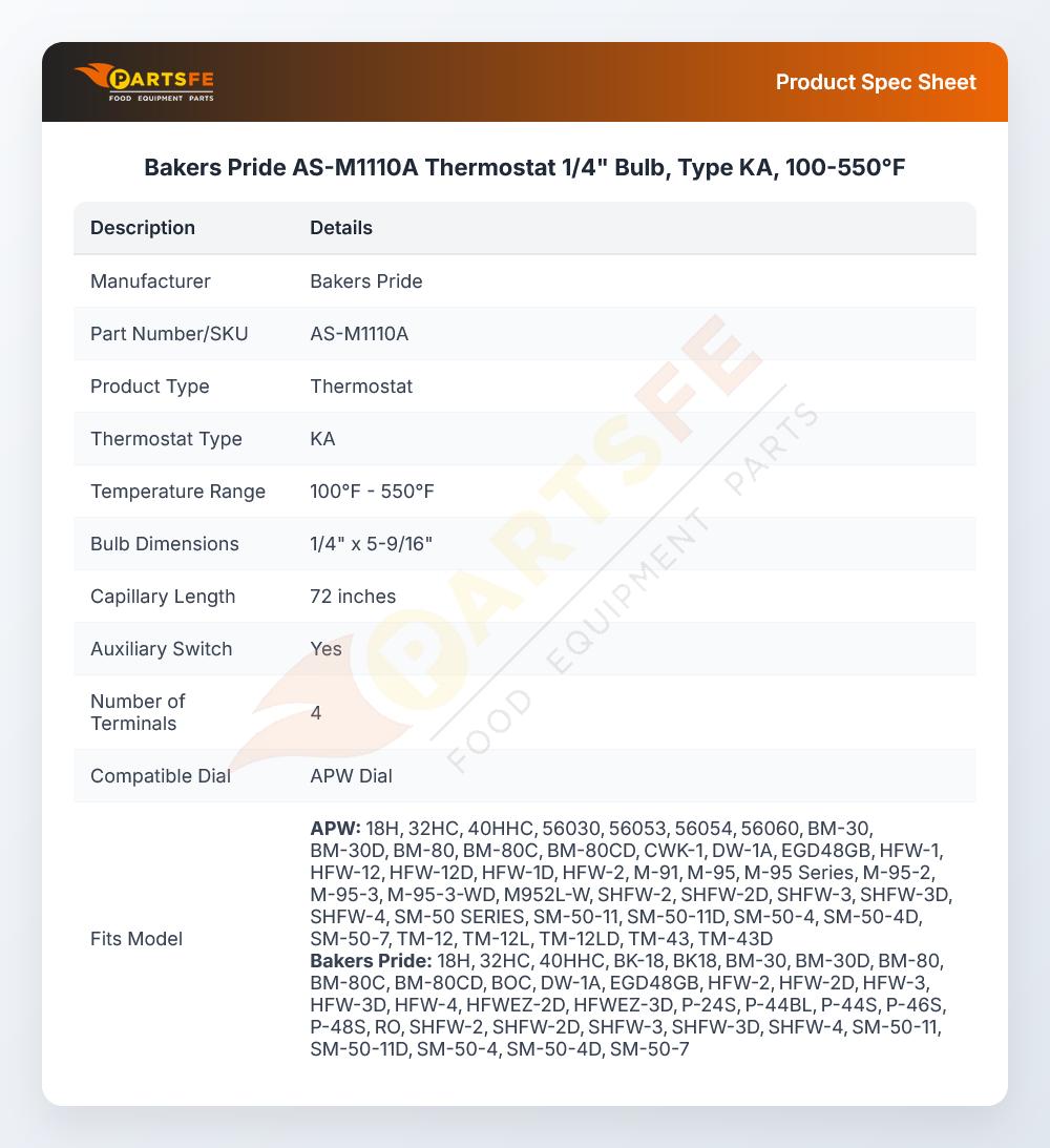 Bakers Pride AS-M1110A Thermostat 1/4" 100&deg;F-550&deg;F 72" CAP KA