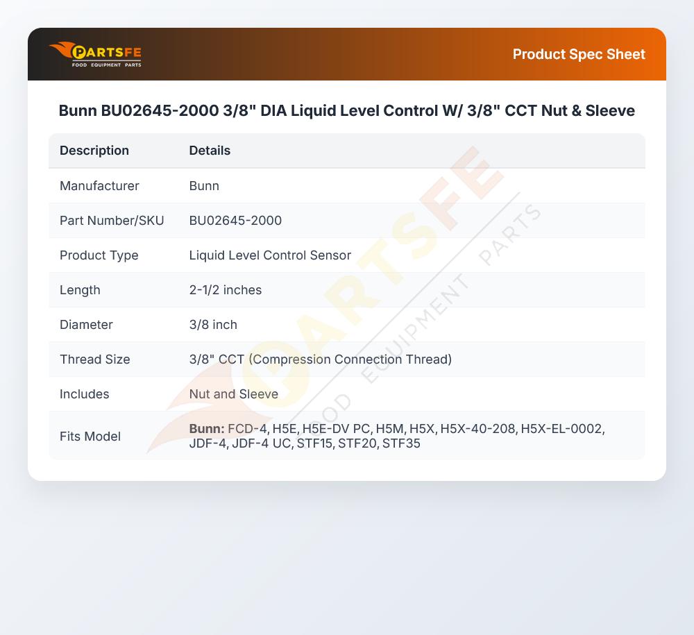 Bunn BU02645-2000 3/8" DIA Liquid Level Control W/ 3/8" CCT Nut & Sleeve