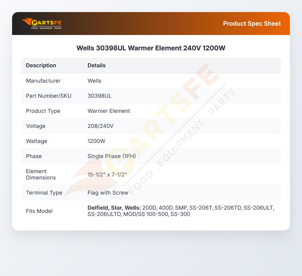 Wells 30398UL Warmer Element 240V 1200W