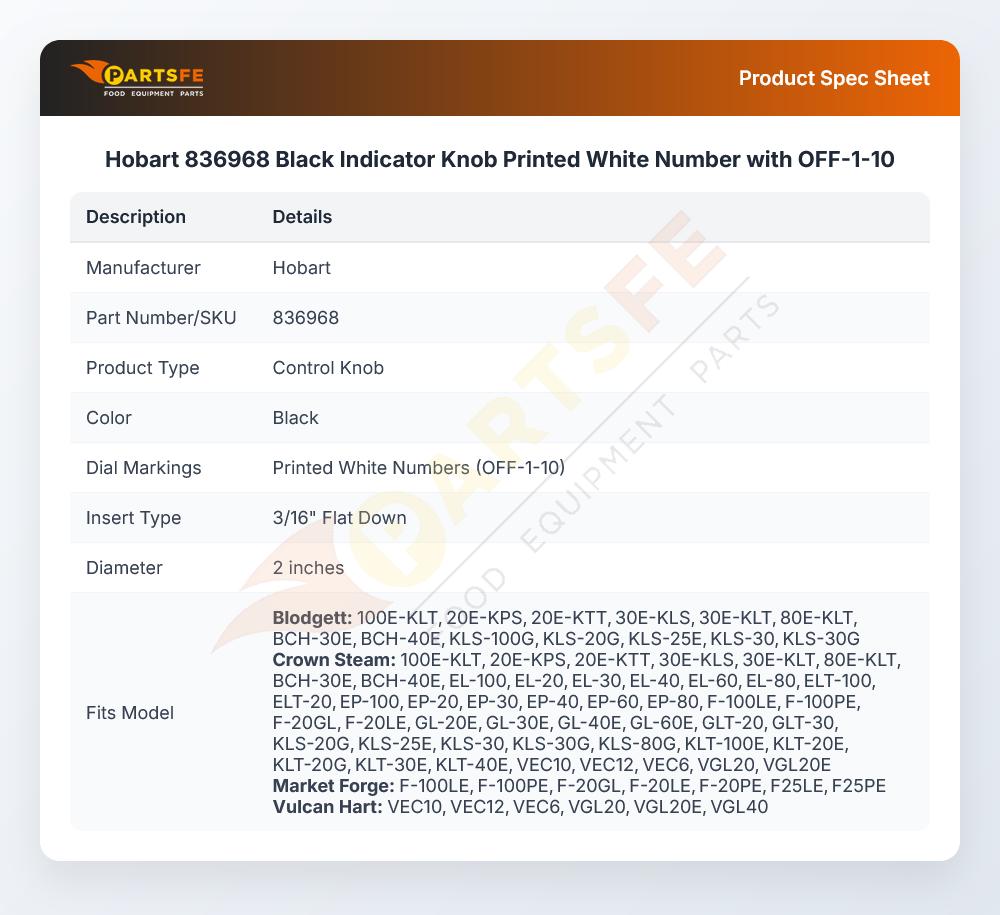 Hobart 836968 Black Indicator Knob Printed White Number W/OFF-1-10