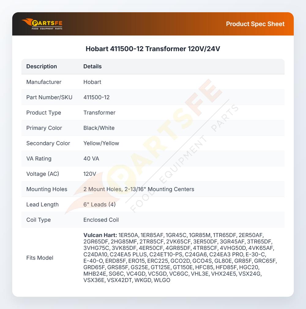 Hobart 411500-12 Transformer 120V/24V