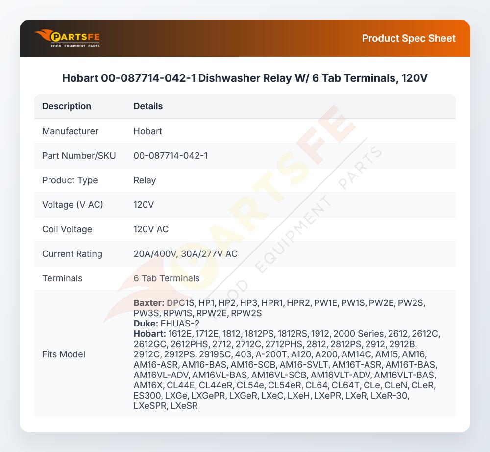 Hobart 00-087714-042-1 Dishwasher Relay W/6 Tab Terminals 120V