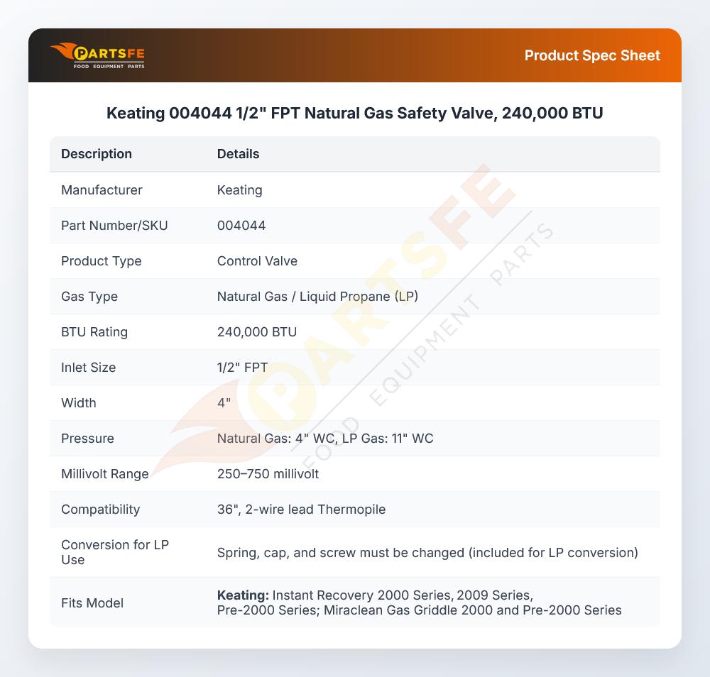 Keating 004044 Control Valve 1/2" FPT 240000 BTU