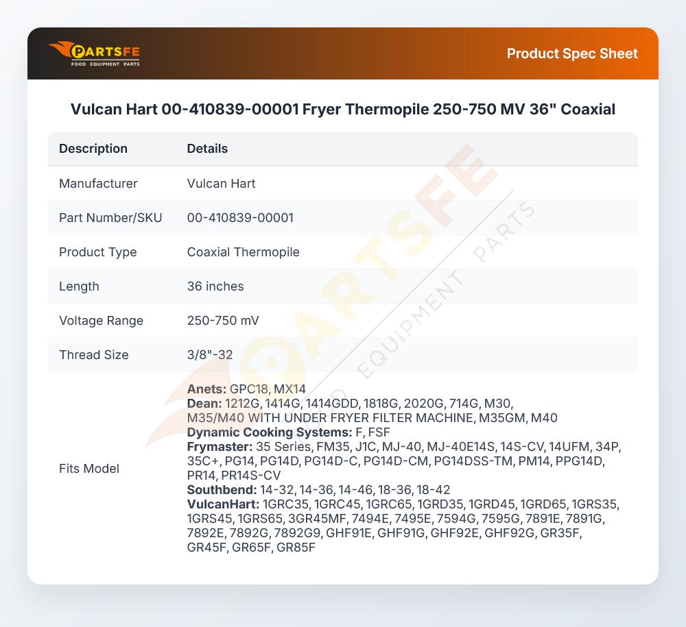 Vulcan Hart 00-410839-00001 Fryer Thermopile 36" Coaxial 250-750 mV
