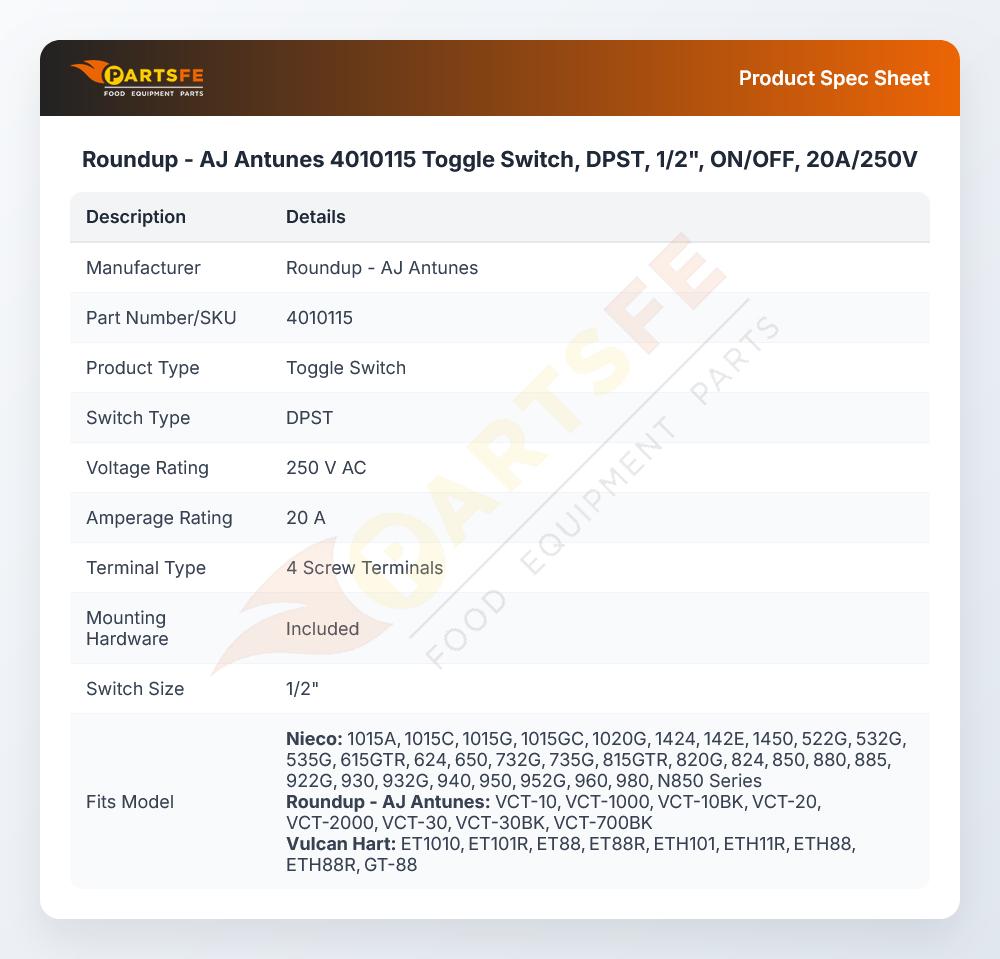 Roundup - AJ Antunes 4010115 Toggle Switch, DPST, 1/2", ON/OFF, 20A/250V