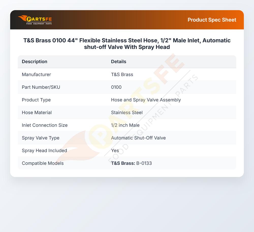 T&S Brass 0100 Spray Valve W/Flexible SS Hose 44" Male Inlet 1/2" Automatic Shut-Off Valve