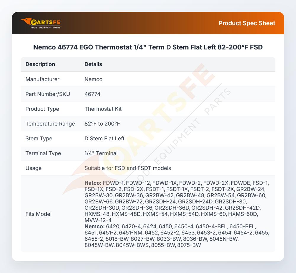 Nemco 46774 EGO Thermostat 1/4" Term D Stem Flat Left 82-200&deg;F FSD